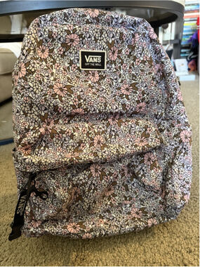 VANS Floral Print Kids Backpack Pink Brown White Canvas Zip Polyester